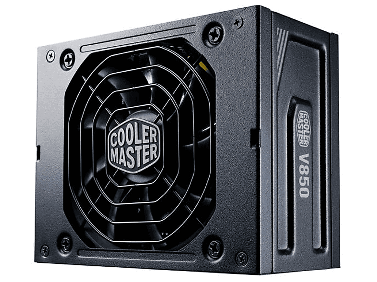 Un alimentatore nero con il logo Cooler Master e una ventola all'interno.