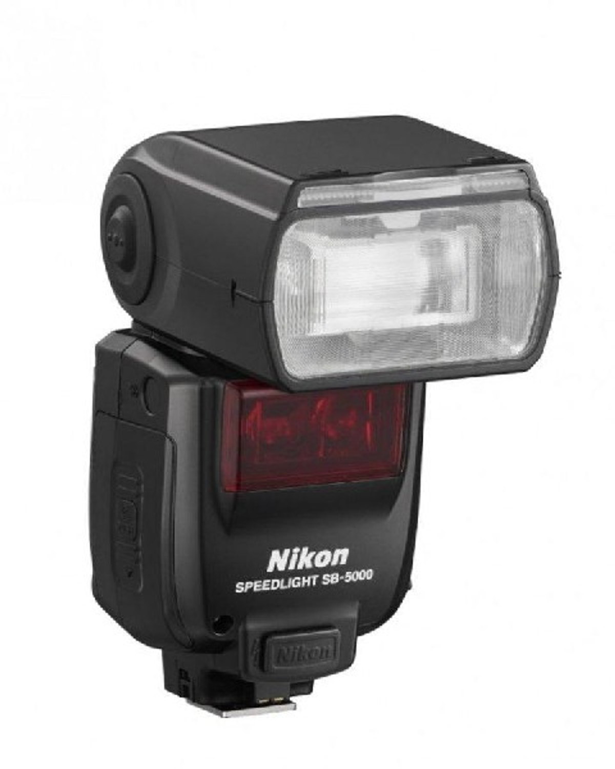 Una unidad de flash Nikon Speedlight negra sobre un fondo blanco.