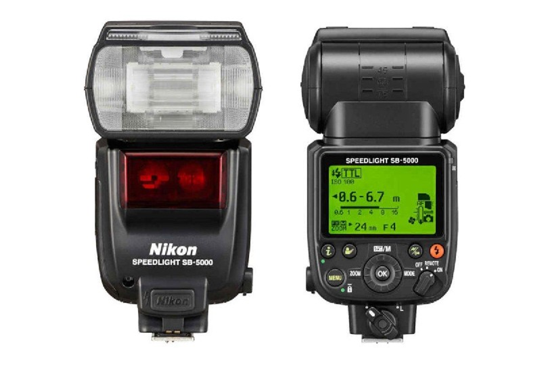 Dos flashes de cámara negros, uno muestra la pantalla, el otro el cabezal del flash.