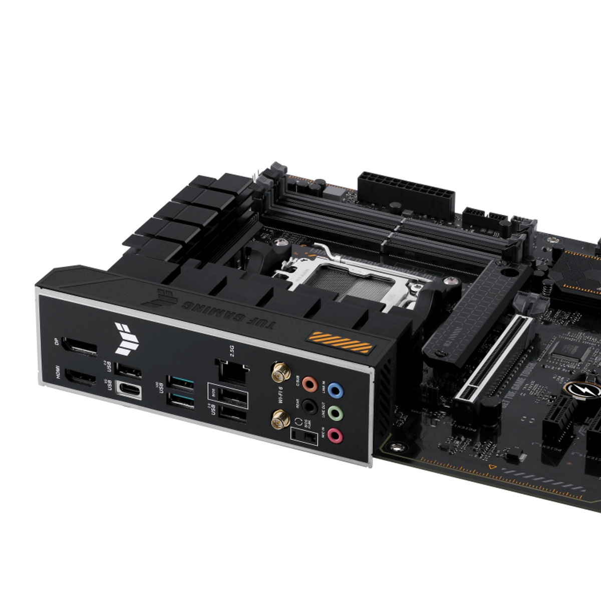 Panneau arrière noir de la carte mère, avec ports et connecteurs. Le logo TUF GAMING est visible.