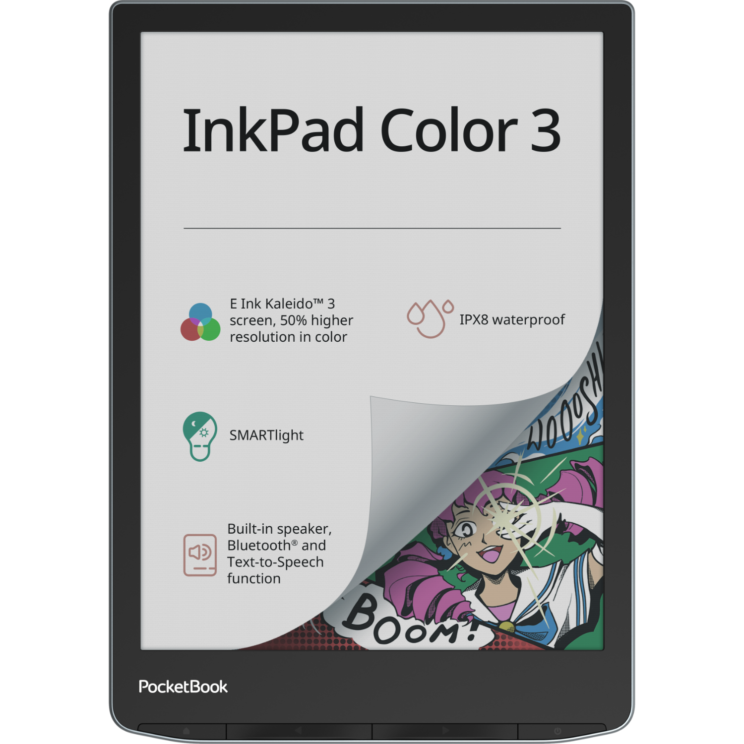 Czytnik PocketBook InkPad Color 3 wyświetla tekst i kolorową ilustrację.