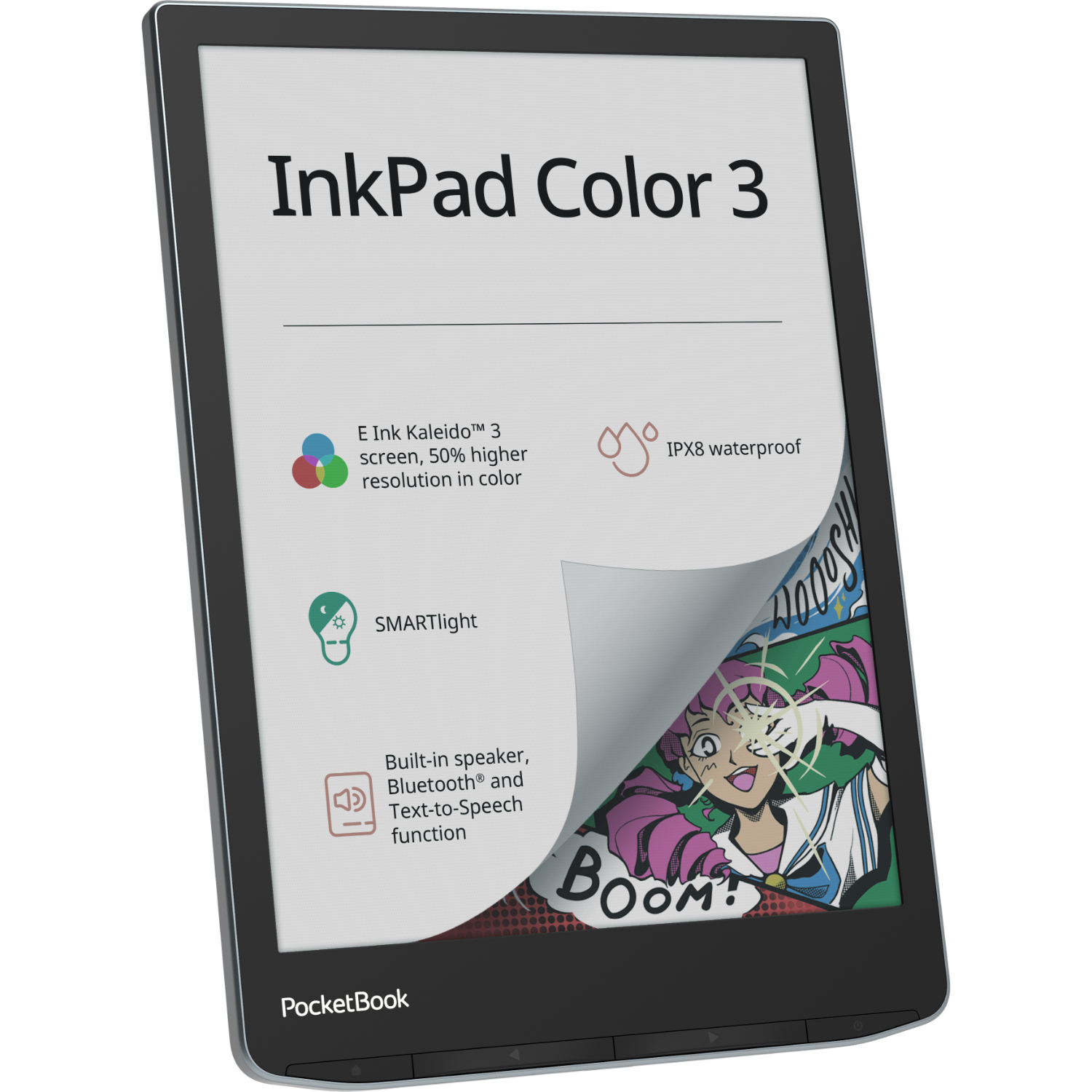 Czytnik e-booków z kolorowym ekranem wyświetlającym stronę komiksu i etykiety info.