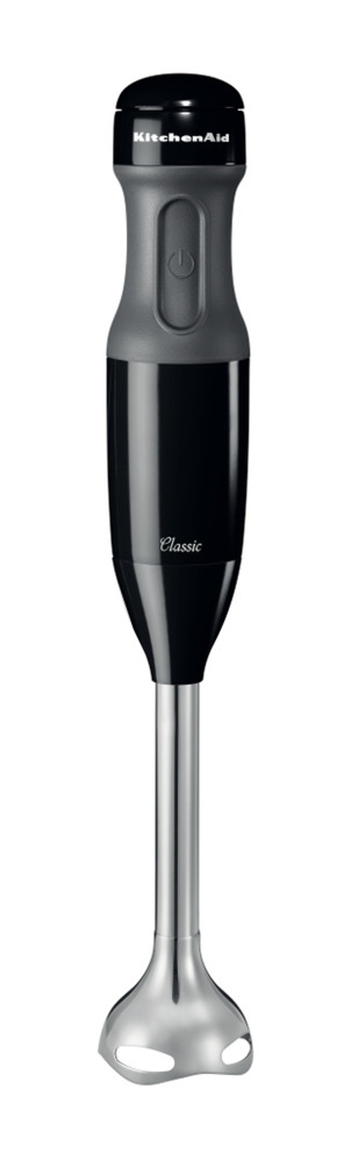 Schwarzer und grauer KitchenAid Stabmixer mit Edelstahl-Mixaufsatz.