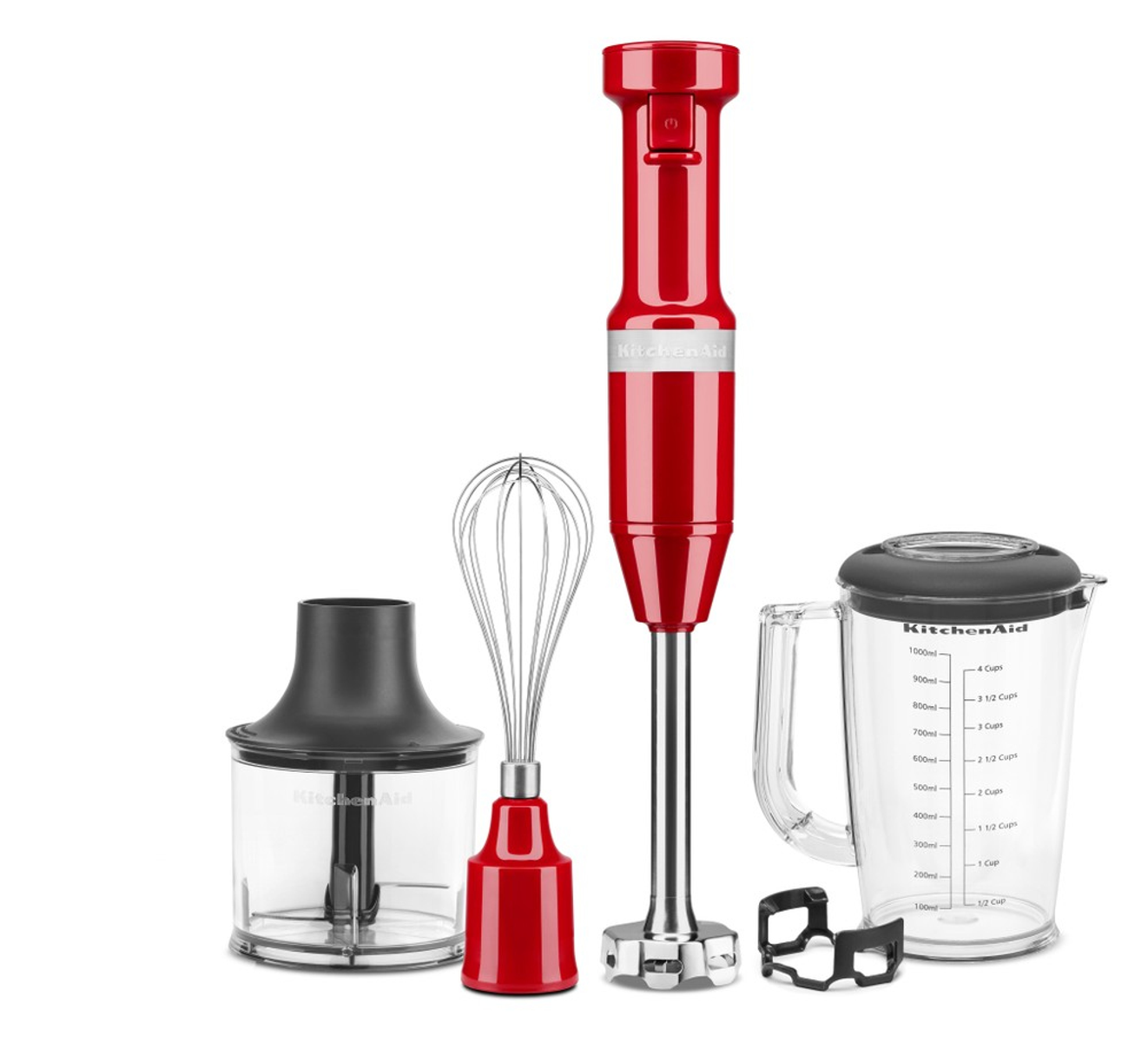 Kırmızı KitchenAid el blender seti, ek parçalar ve ölçü kabı ile.