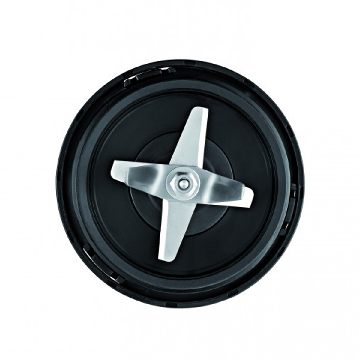 Czarny element ostrza blendera. Cztery ostrza ze srebrnym metalowym środkiem.