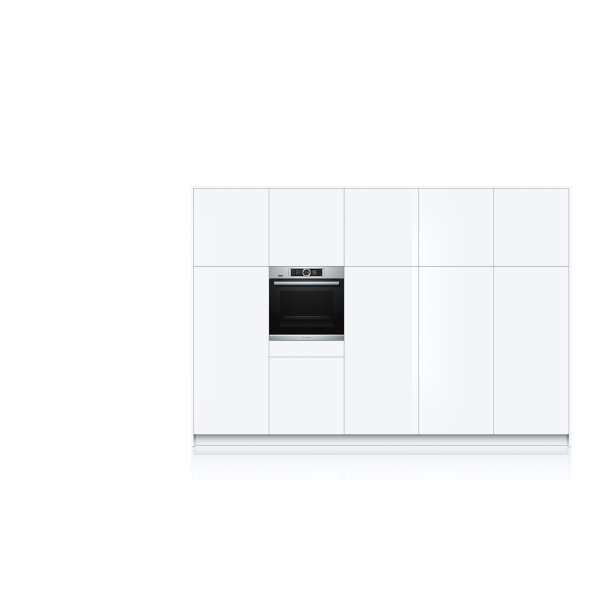 Meubles de cuisine blancs avec un four au centre, isolés sur fond blanc.