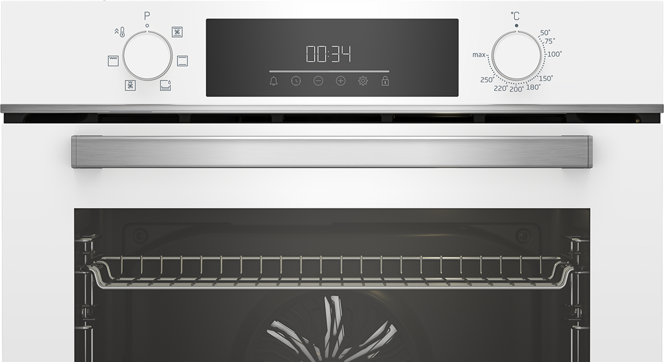 Interior de horno con rejilla, panel de control con pantalla y diales de temperatura.