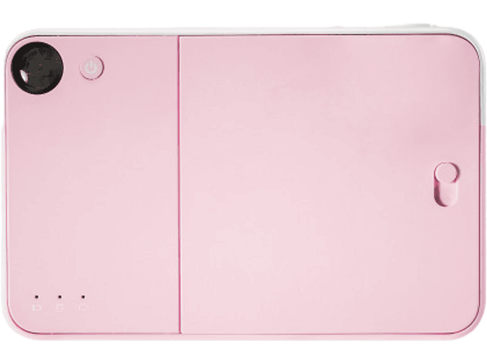 Rosa Digitalkamera mit Objektiv, Ein-/Aus-Taste und Blitz.