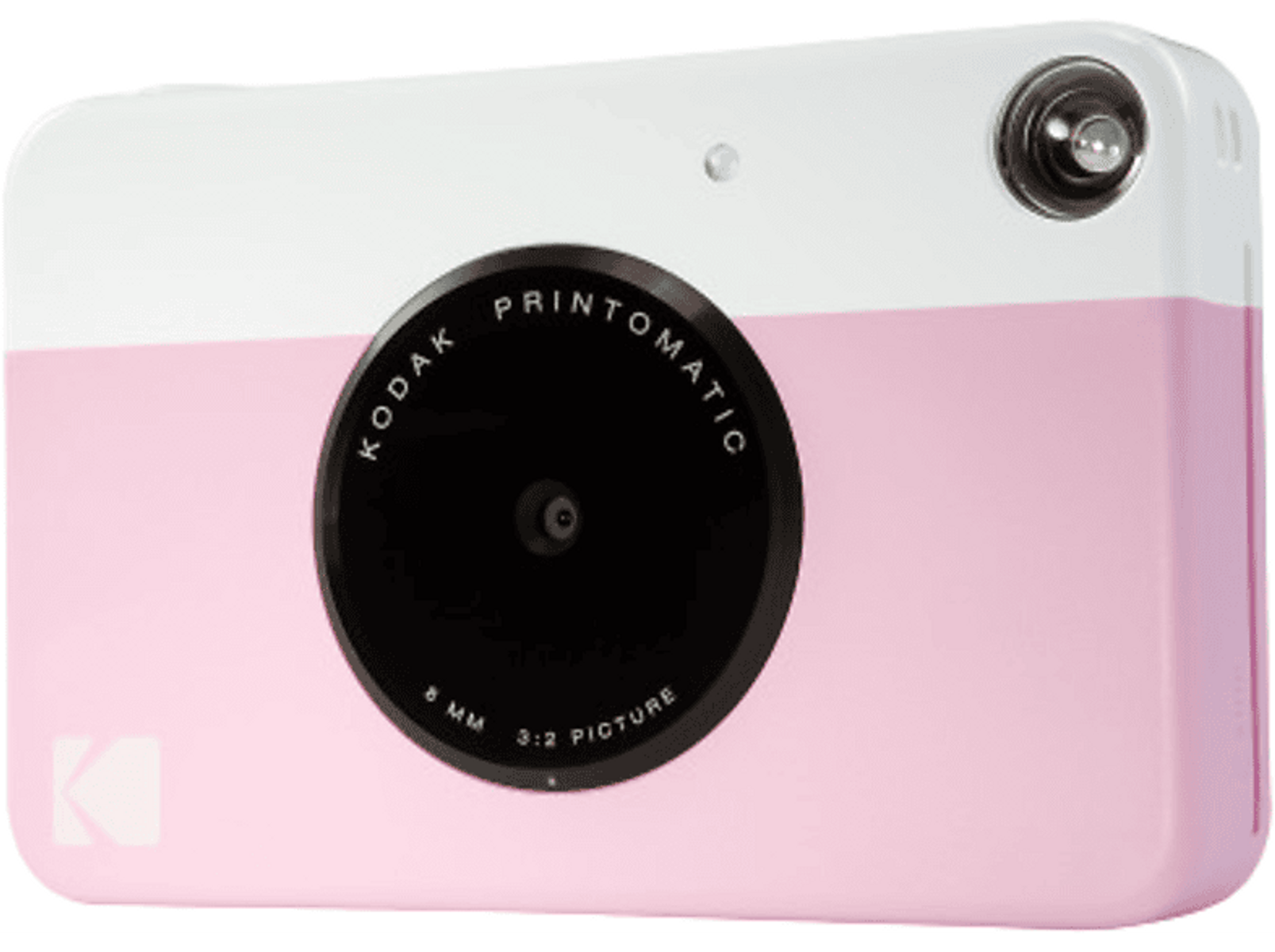 Eine rosa und weiße Kodak-Kamera. Es hat ein schwarzes Objektiv und das Kodak Printomatic-Logo.