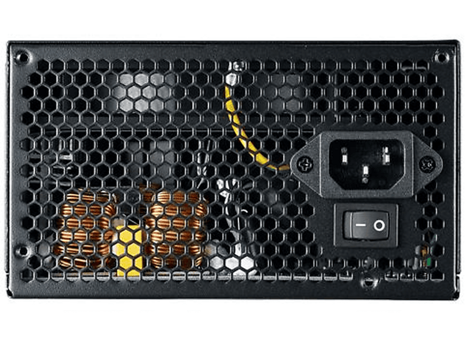 La parte posteriore di un alimentatore per computer nero con una ventola, porte e un interruttore di alimentazione.