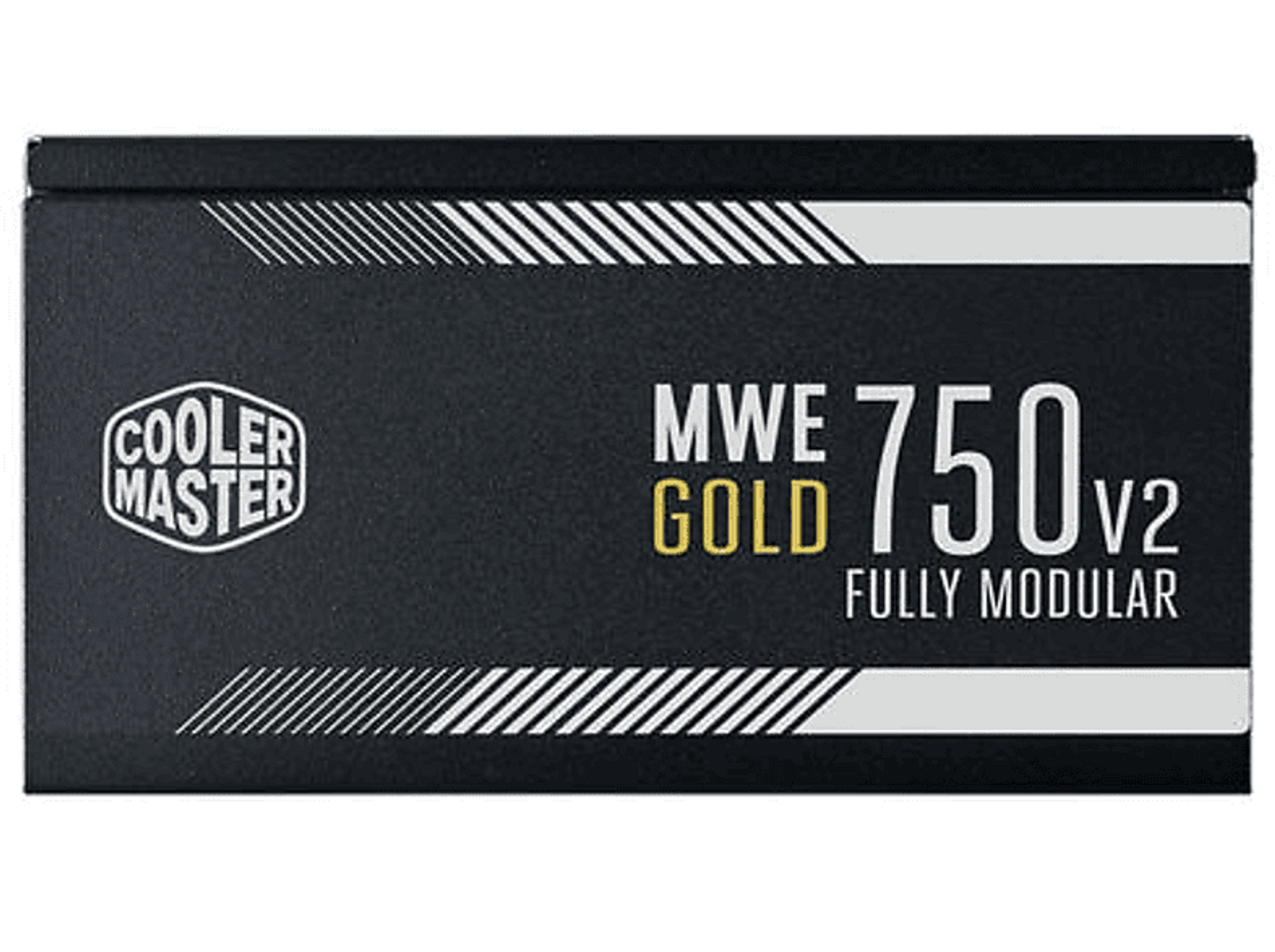 Scatola nera dell'alimentatore con strisce diagonali bianche e testo: Cooler Master, MWE Gold 750 V2.