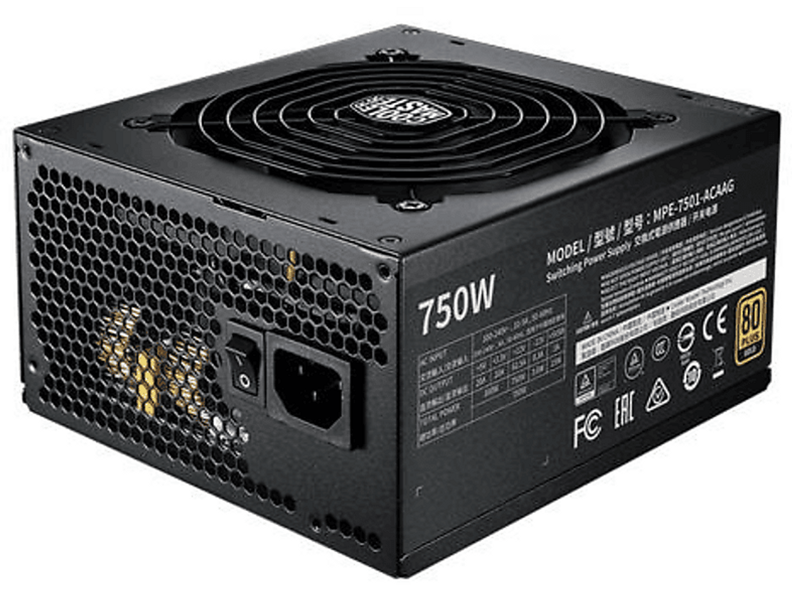 Alimentatore da 750W. Nero, con ventola sopra e vari connettori. Sfondo bianco.