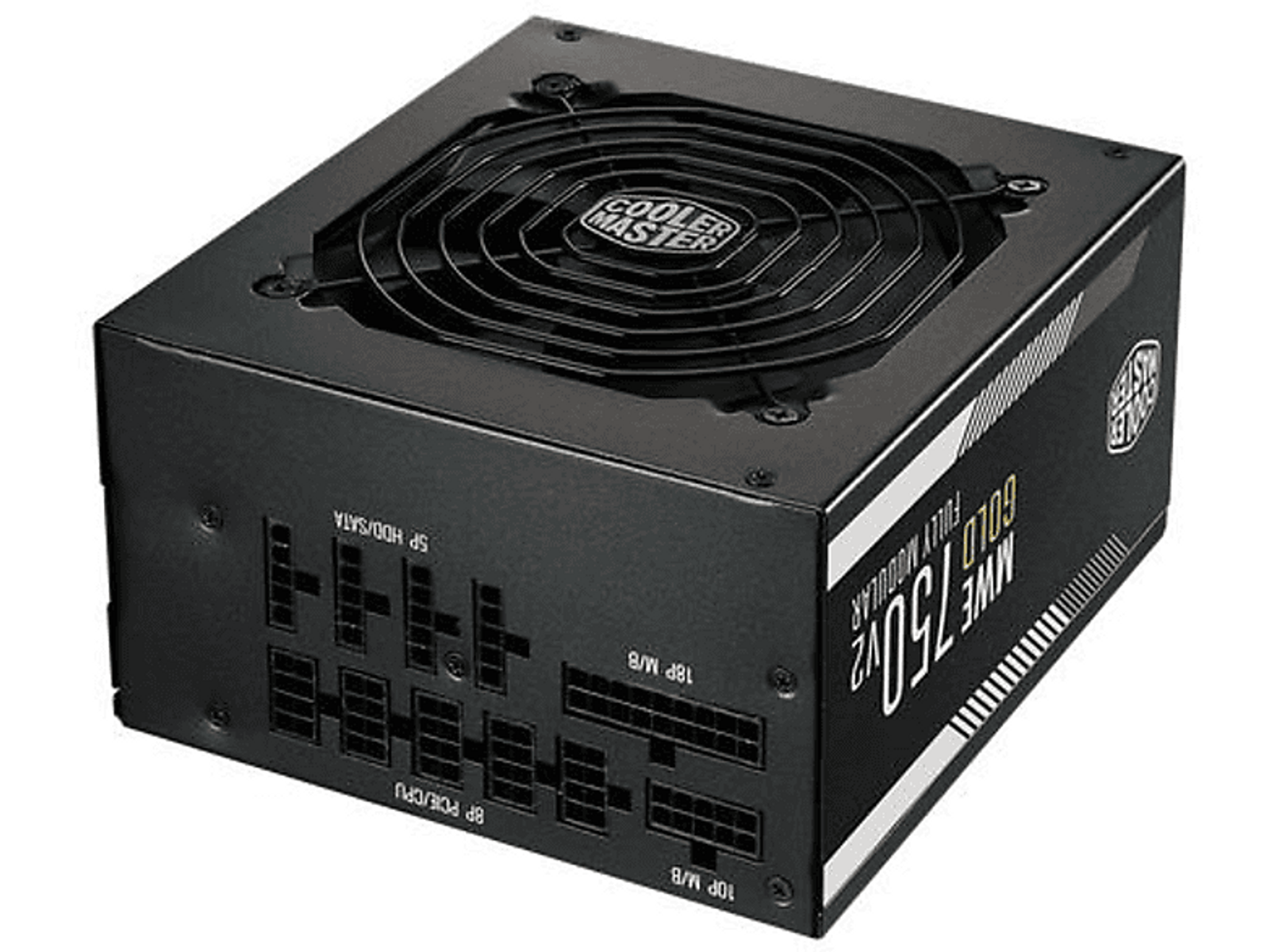 Alimentatore nero con più connettori, ventola e etichetta del prodotto visibile.