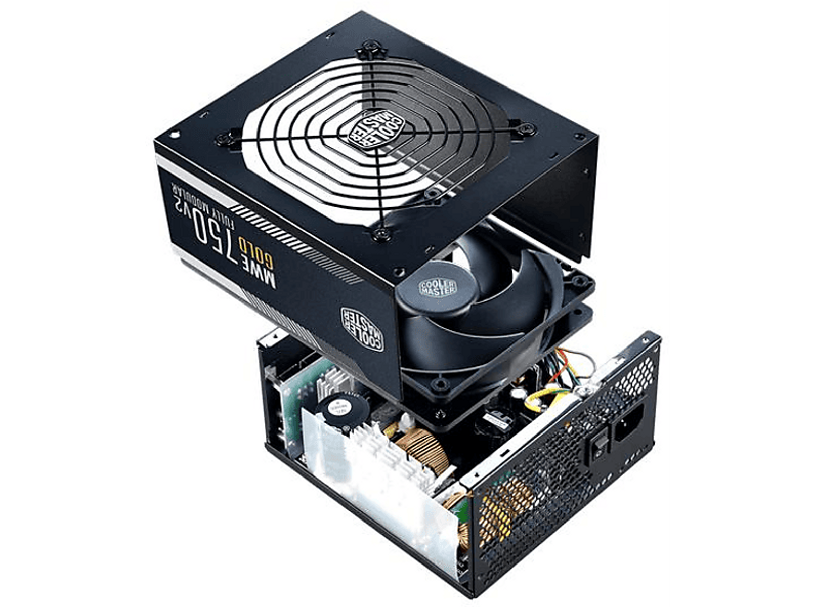 Vista esplosa di un alimentatore per computer nero. Componenti visibili. Sfondo bianco.