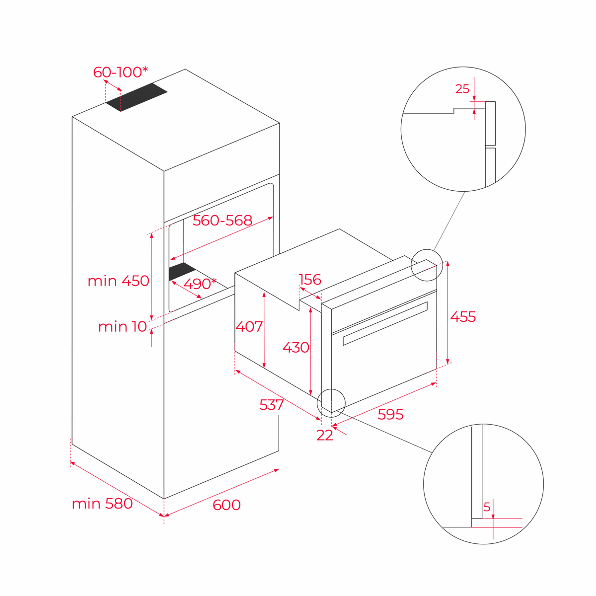 Diagrama de un horno, mostrando dimensiones y detalles con medidas en mm.