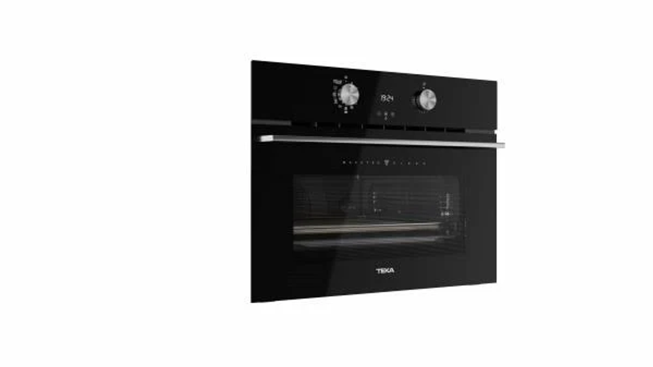 Un horno negro empotrado con puerta de vidrio, con perillas de control y una pantalla digital.