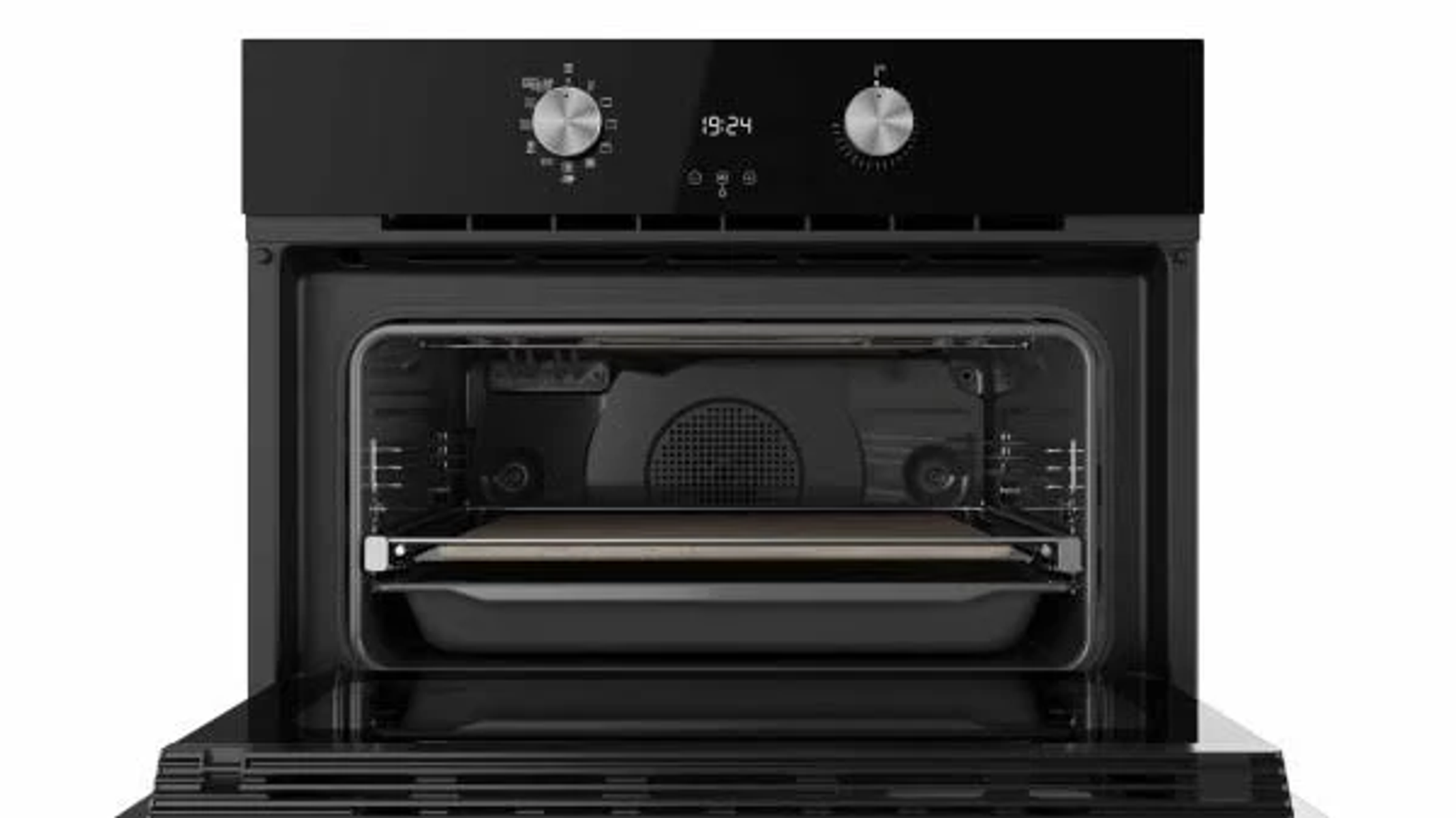 Interior de horno negro con bandeja y dos mandos arriba. La puerta está abierta.