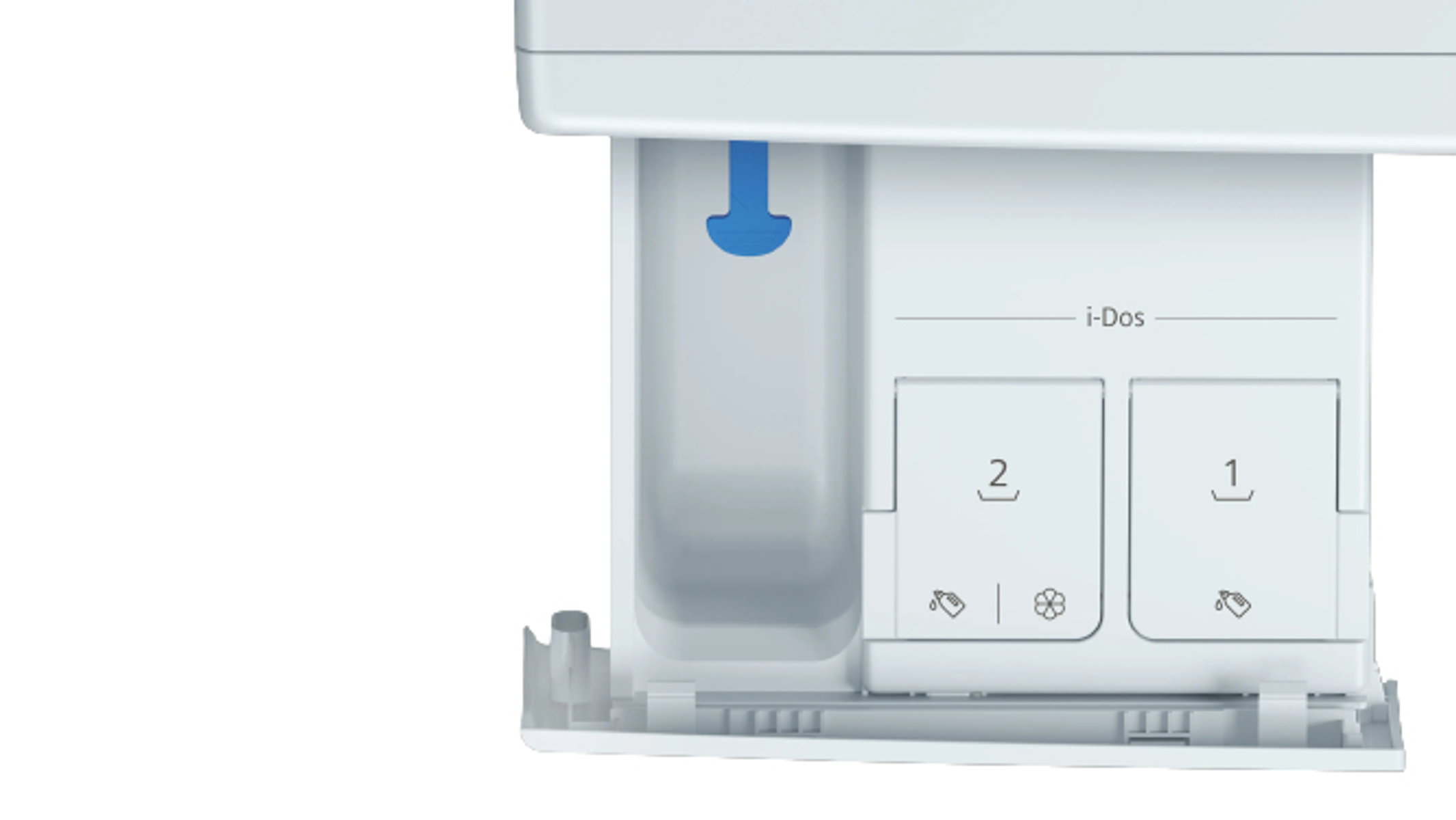 Biała szuflada pralki z dwoma przegródkami, oznaczonymi 1 i 2, oraz niebieskim dozownikiem płynu.