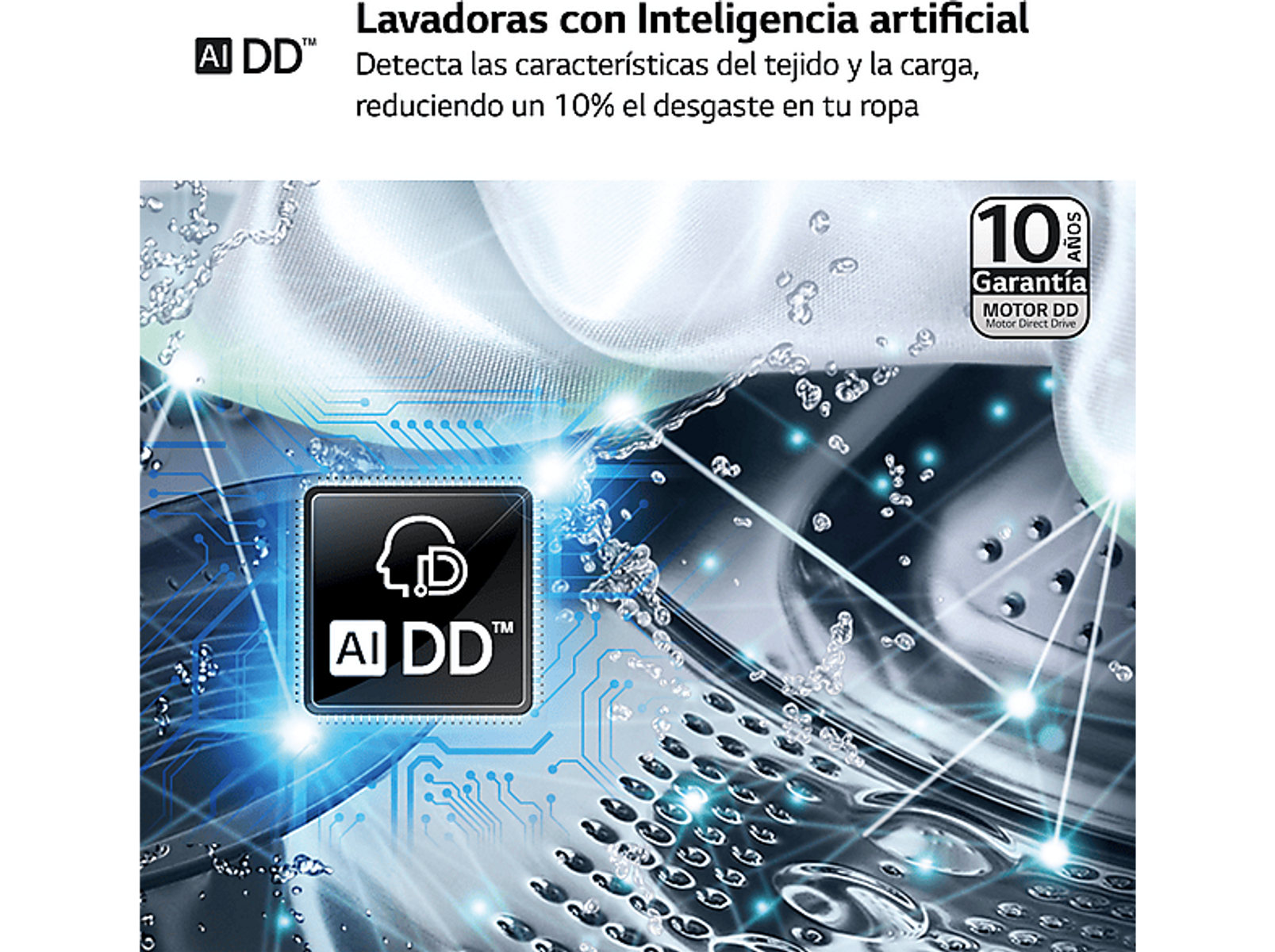 Un anuncio con texto sobre una lavadora y un primer plano de un tambor metálico.