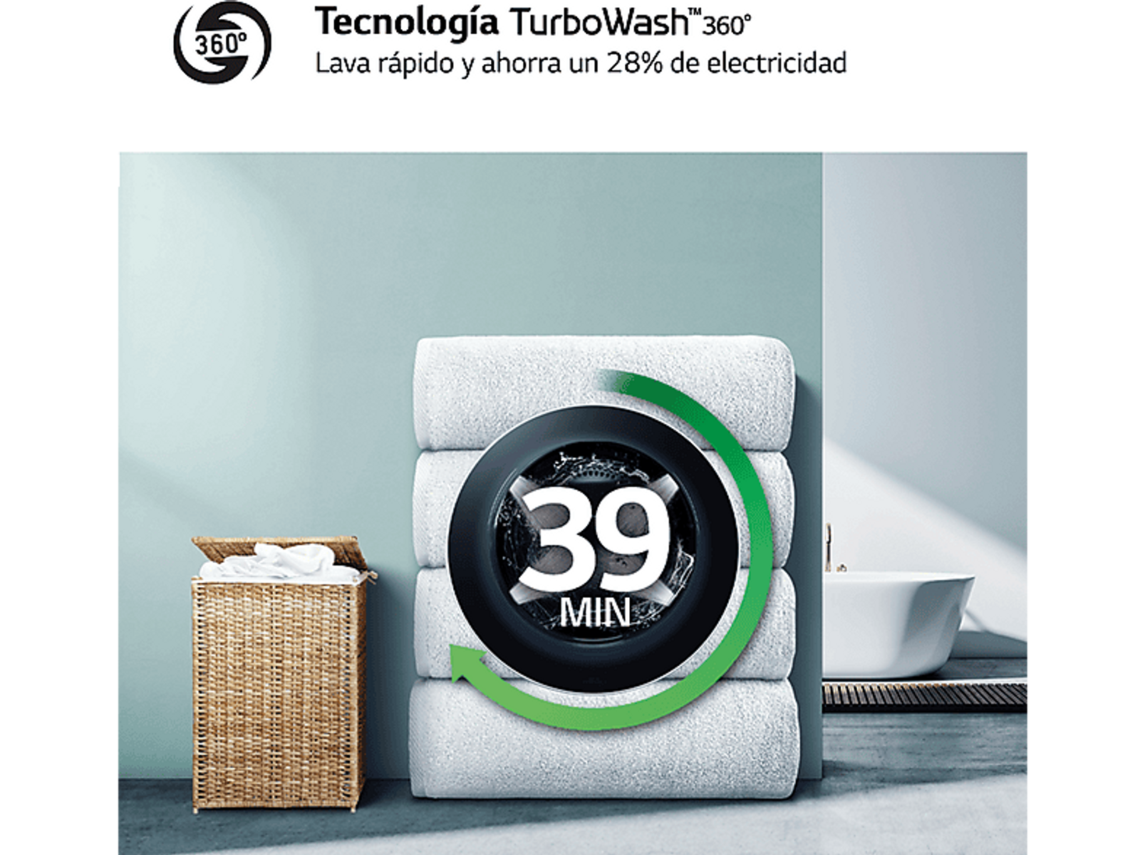 Lavadora blanca con toallas plegadas encima y una cesta de ropa a la izquierda. Texto: 39 MIN TurboWash.