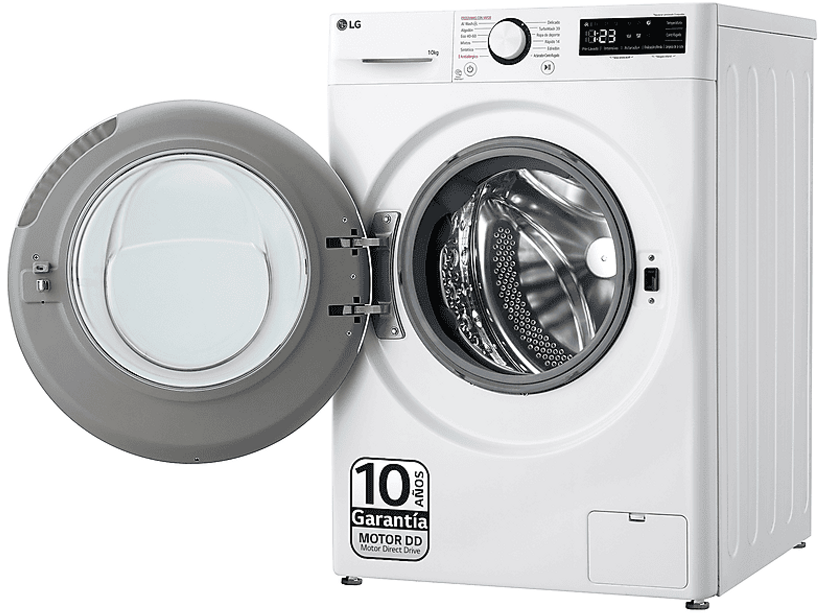 Biała pralka z otwartymi drzwiami, pokazująca wnętrze.