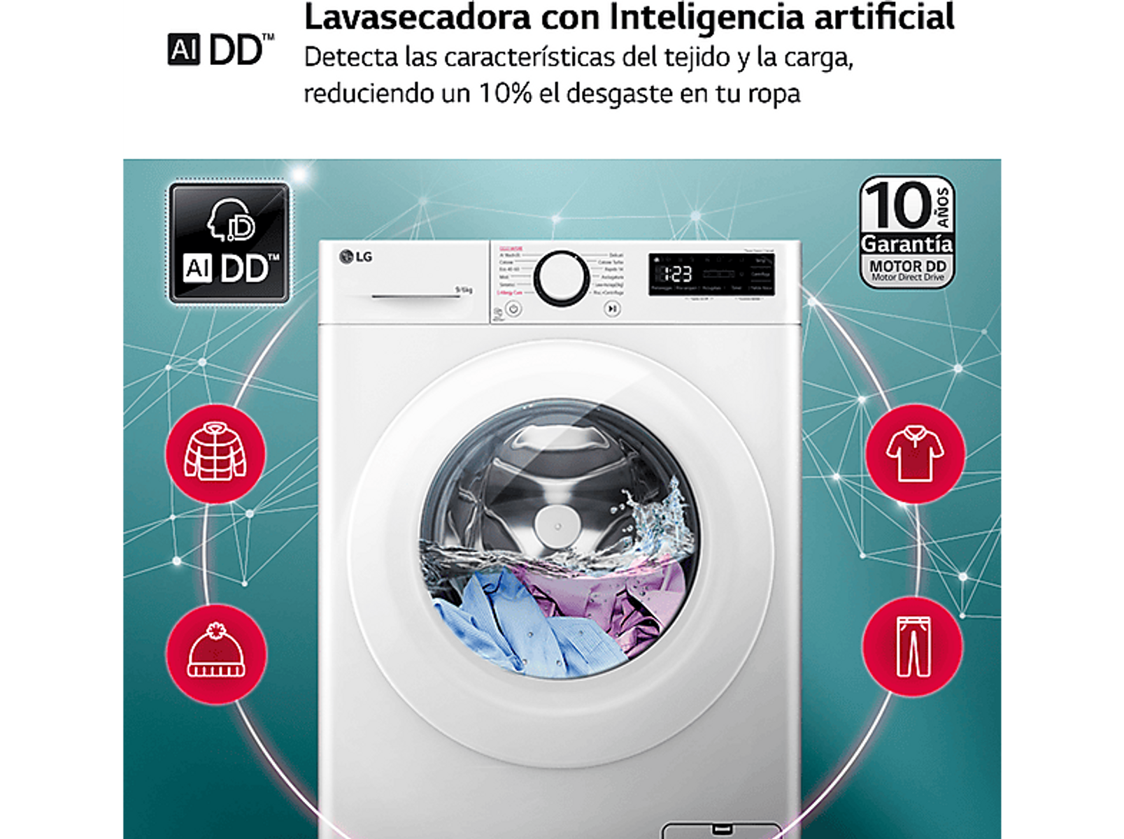Lavatrice con testo, icone e vista dei vestiti all'interno, sfondo bianco.