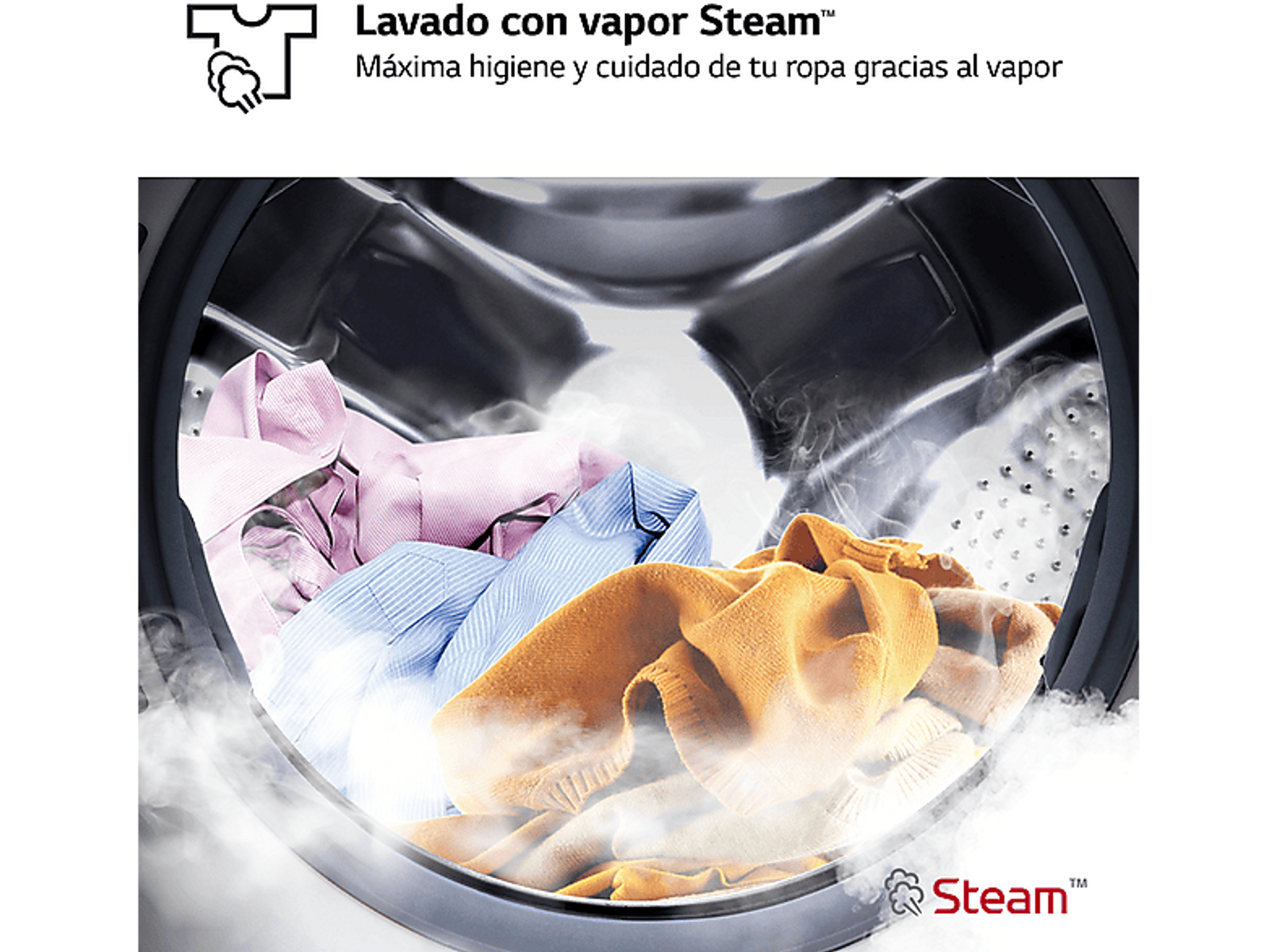 Cesto della lavatrice pieno di vestiti colorati e vapore. Testo: Steam Wash.