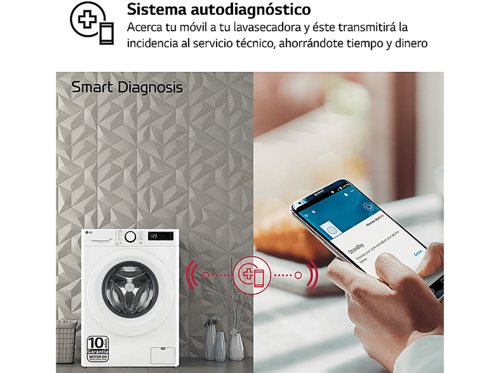 Lavatrice e telefono mostrano la diagnosi intelligente. Testo: 'Smart Diagnosis', 'Sistema autodiagnóstico'.