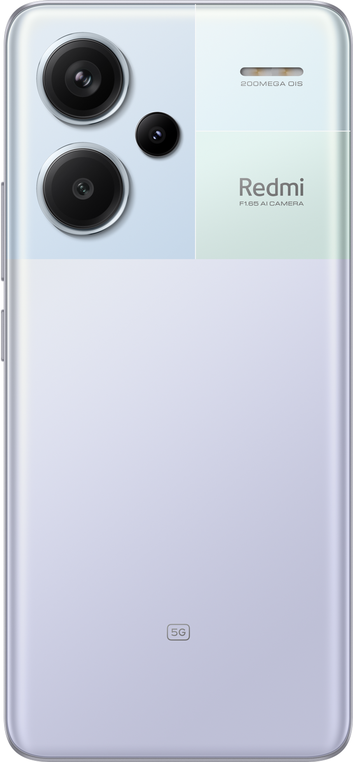 Tył fioletowego telefonu z wieloma aparatami i jasną górną częścią.