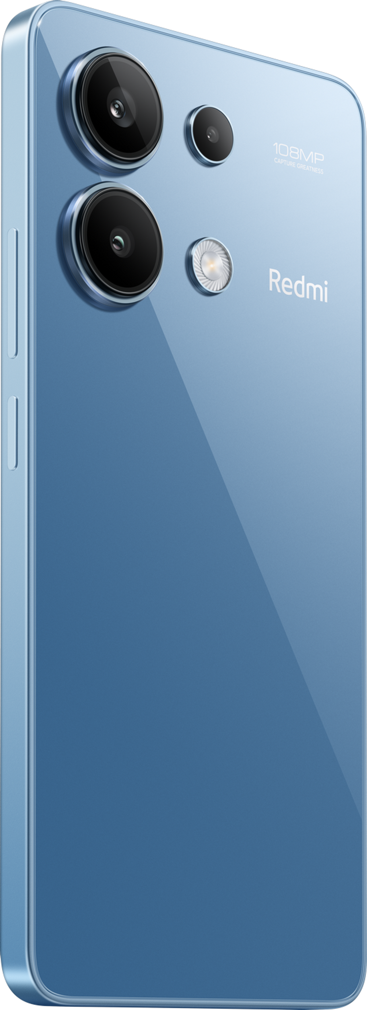 Niebieski telefon Redmi z trzema aparatami i lampą błyskową z tyłu.