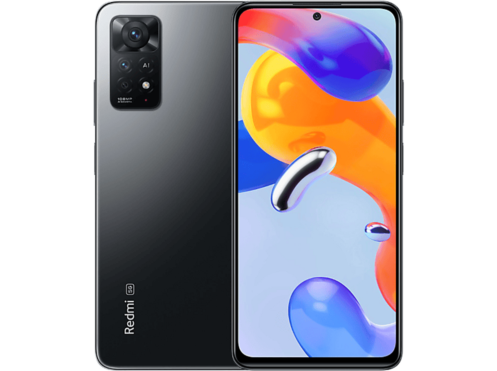 Black and gray smartphone. Has multiple cameras on the back and a screen on the front.