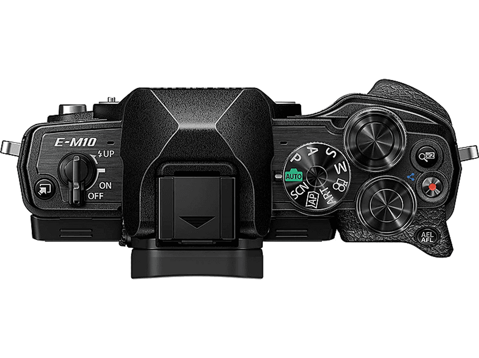 Top view of a black camera with many buttons, dials, and a pop-up flash.