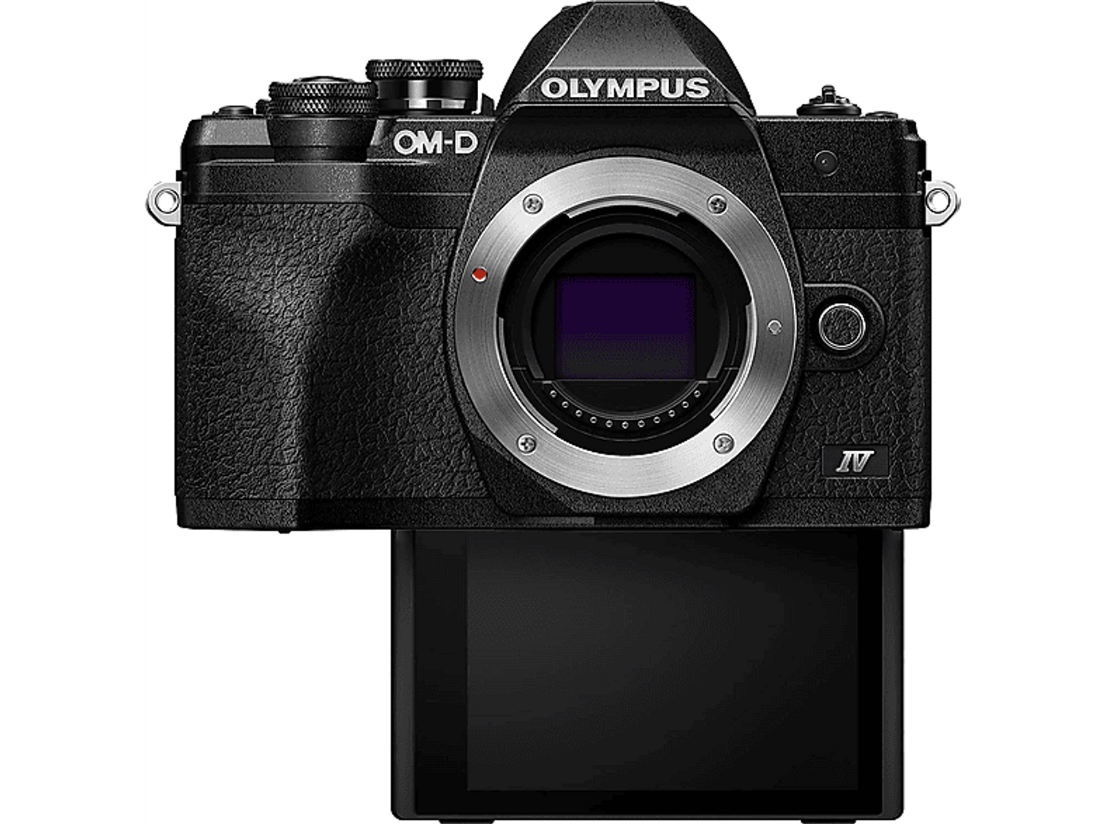 Black Olympus OM-D camera with a flip-out screen and lens. The background is plain.