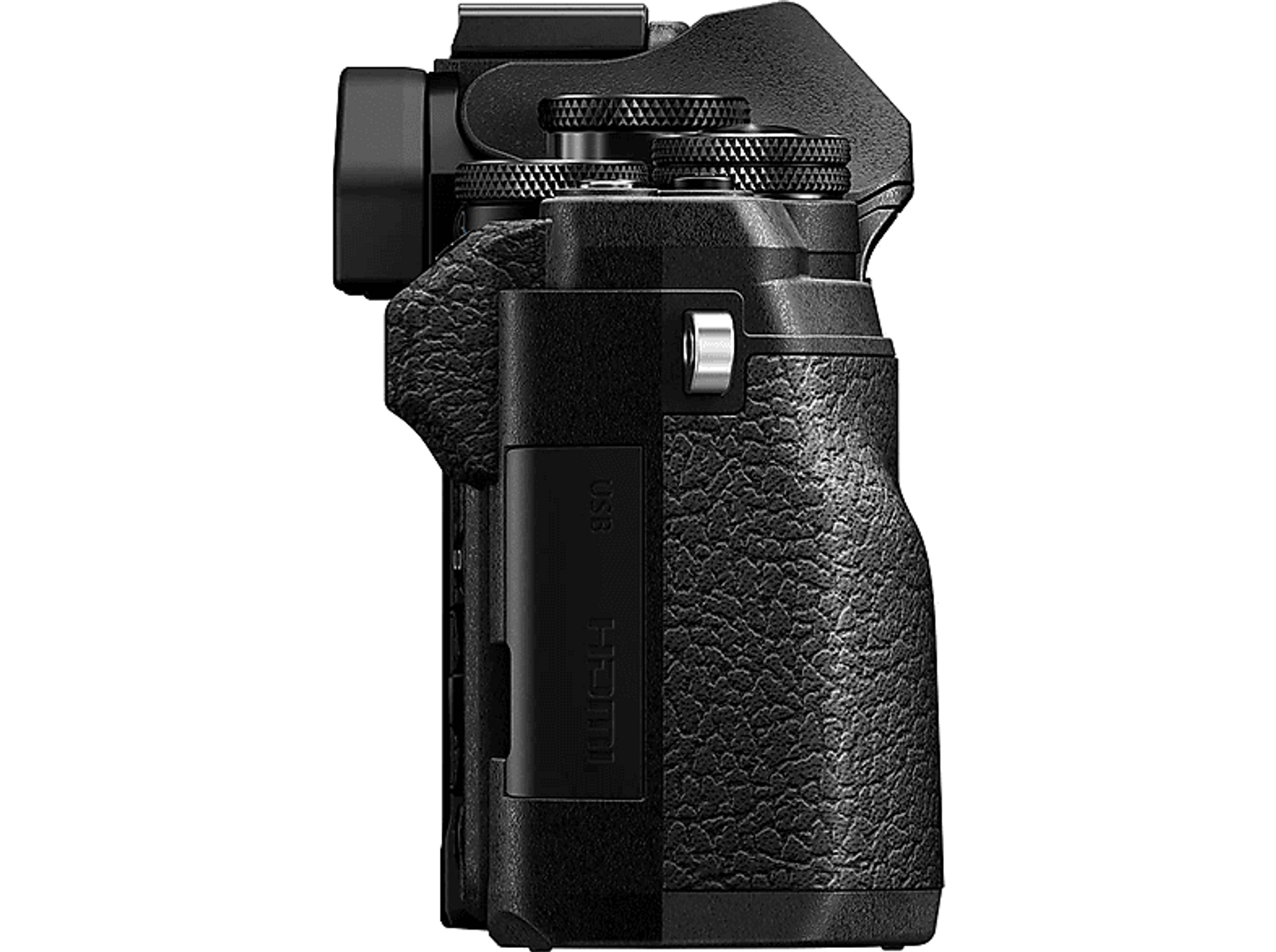 Eine schwarze Kamera mit strukturierter Griff, Seitenansicht und USB- und HDMI-Anschlüssen.