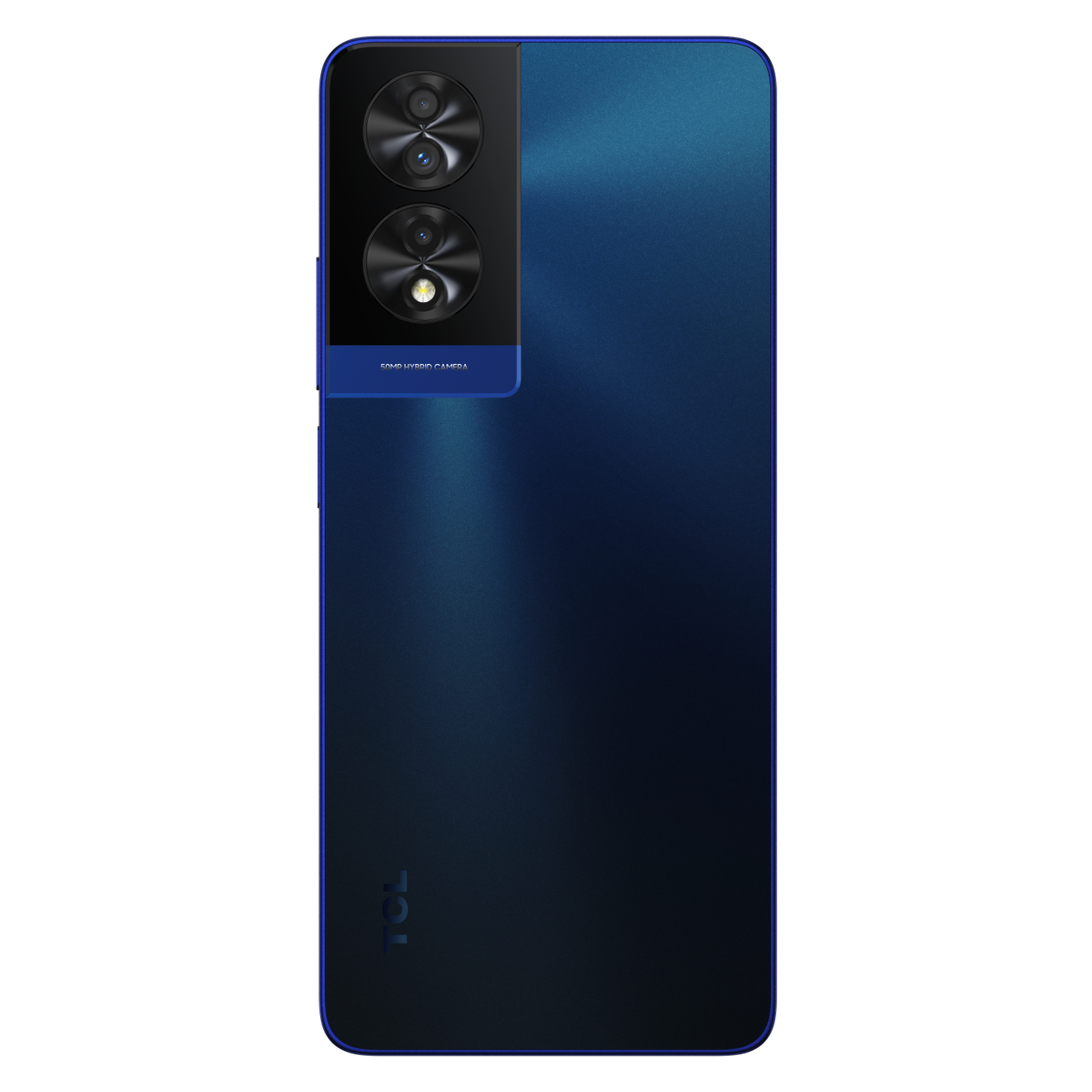 Blauwe smartphone, achterkant met dubbele camera's en TCL-logo.