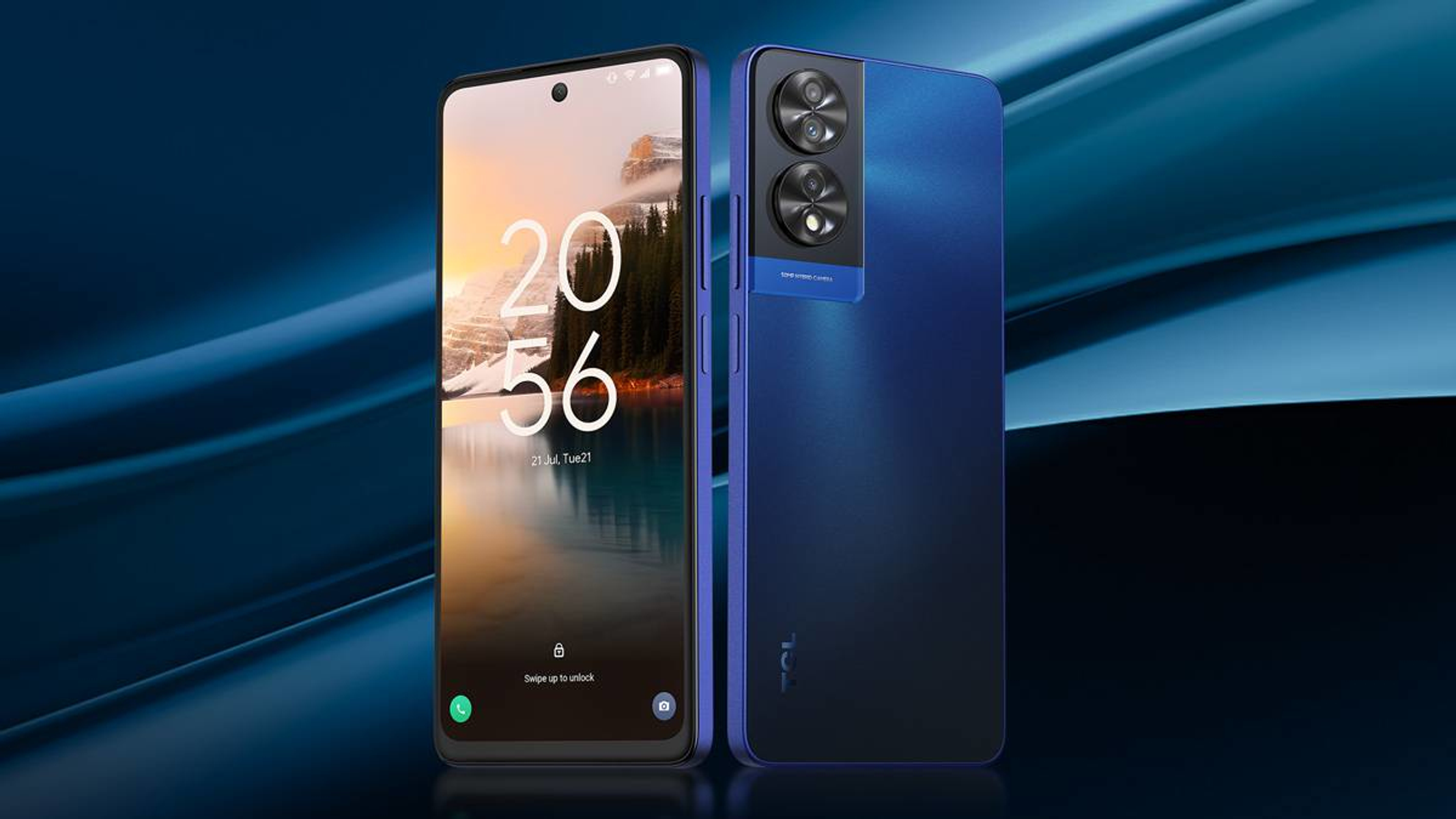 Twee smartphones, scherm en achterkant tonen. Blauwe gradiënt achtergrond. Modern design.