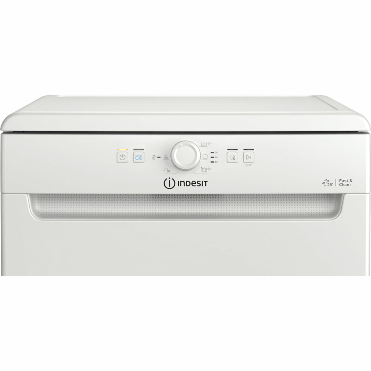 Lavavajillas Indesit blanco con botones de control. Vista frontal, con etiqueta Fast & Clean.