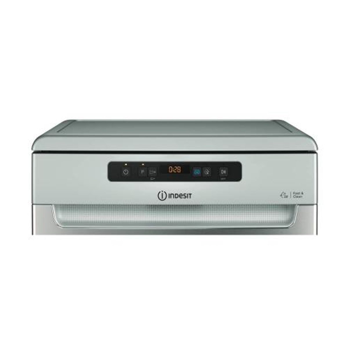 Lavavajillas plateado con pantalla digital y logotipo de Indesit. Vista frontal, aislado en blanco.
