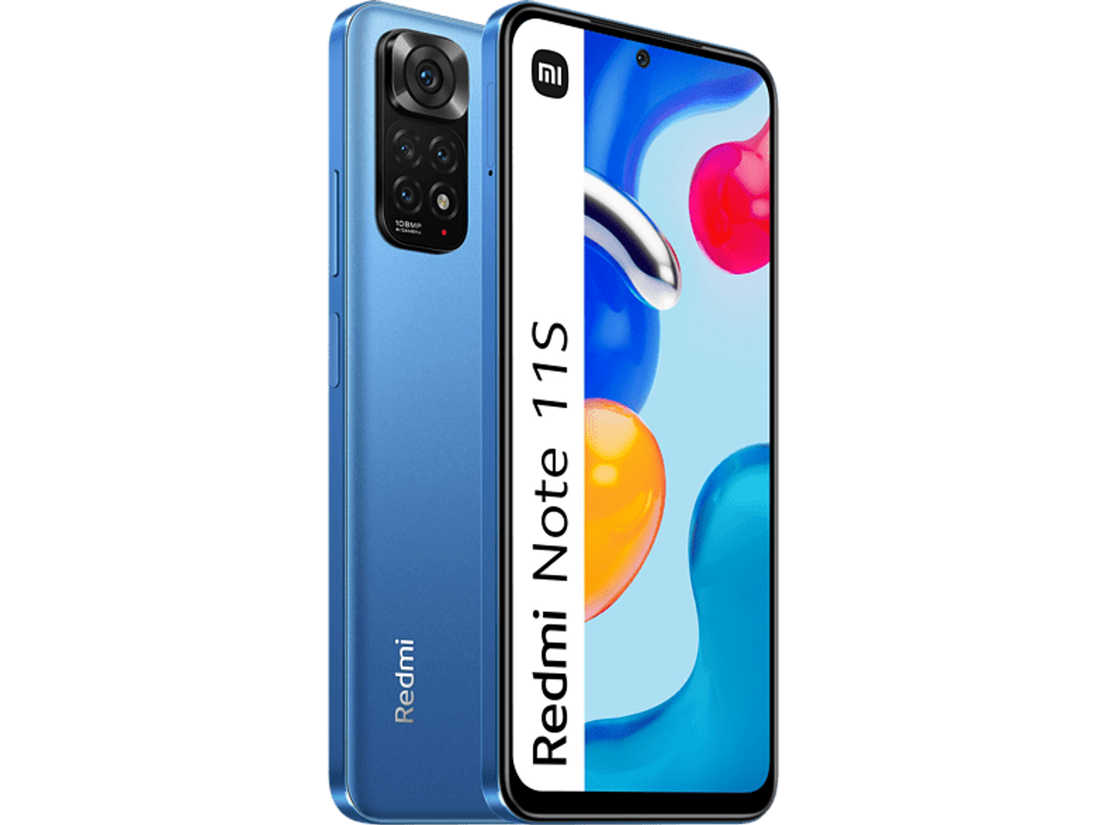 Blue Redmi phone with multiple rear cameras and a screen displaying text.