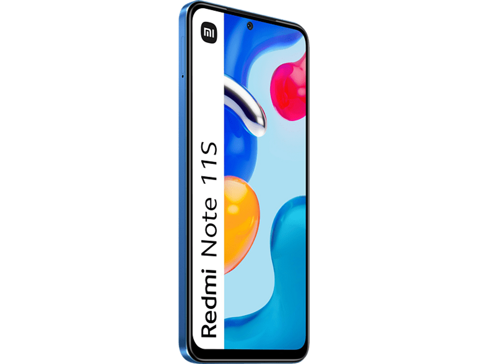 Blue Xiaomi Redmi Note 11S phone with a display showing a colorful image. The Xiaomi logo is visible.