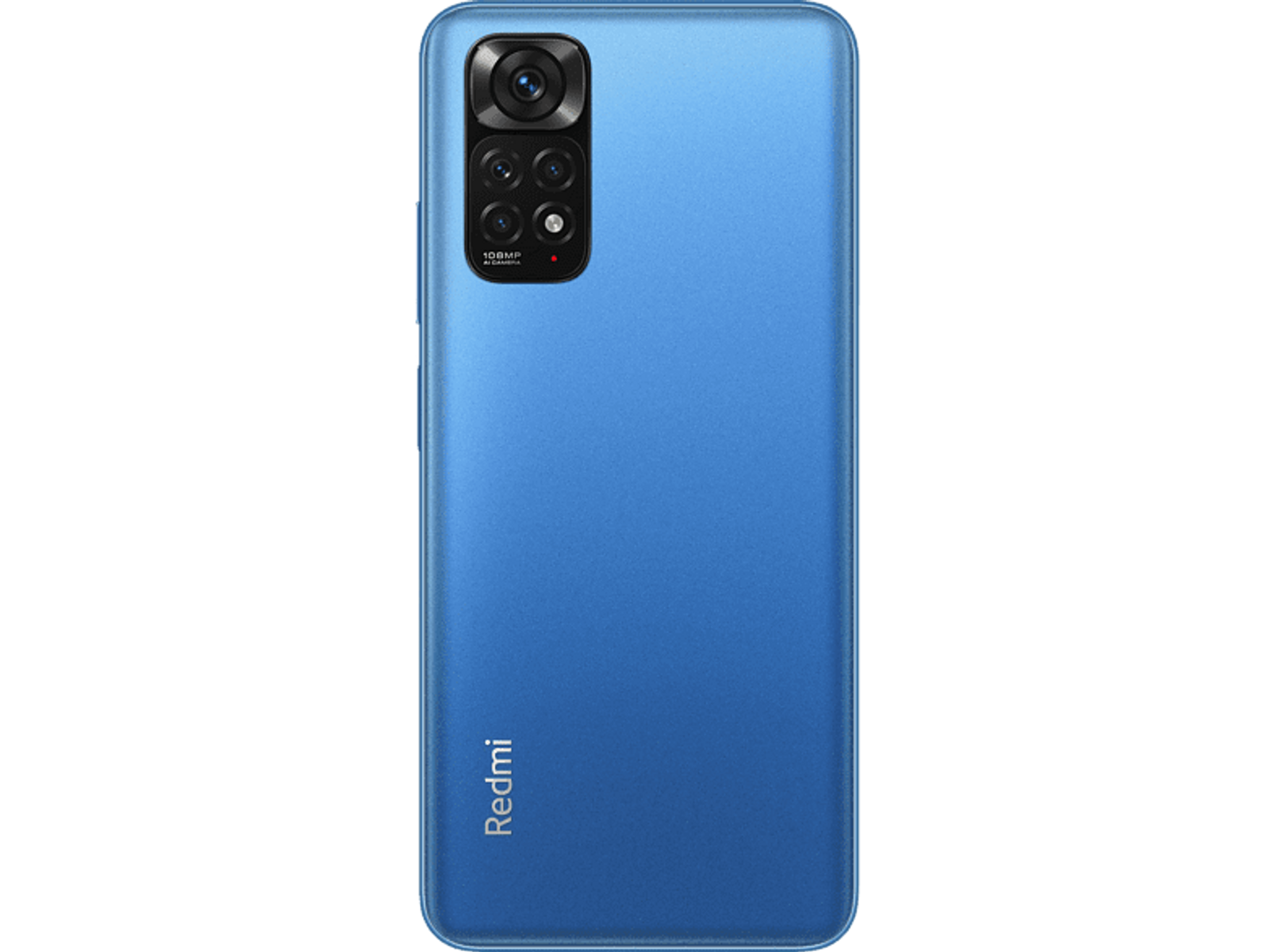 Blue phone back with three cameras and Redmi brand logo. Black background.