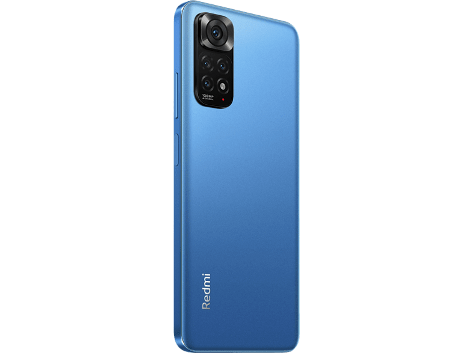 Blue smartphone rear view. Black camera lenses, and the Redmi logo. Black background.