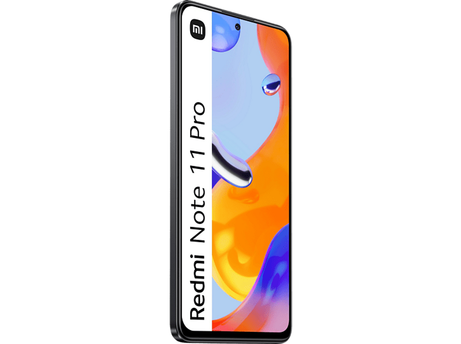 Ein schwarzes Smartphone, Redmi Note 11 Pro, wird vor schwarzem Hintergrund gezeigt. Der Bildschirm zeigt farbenfrohe Grafiken.