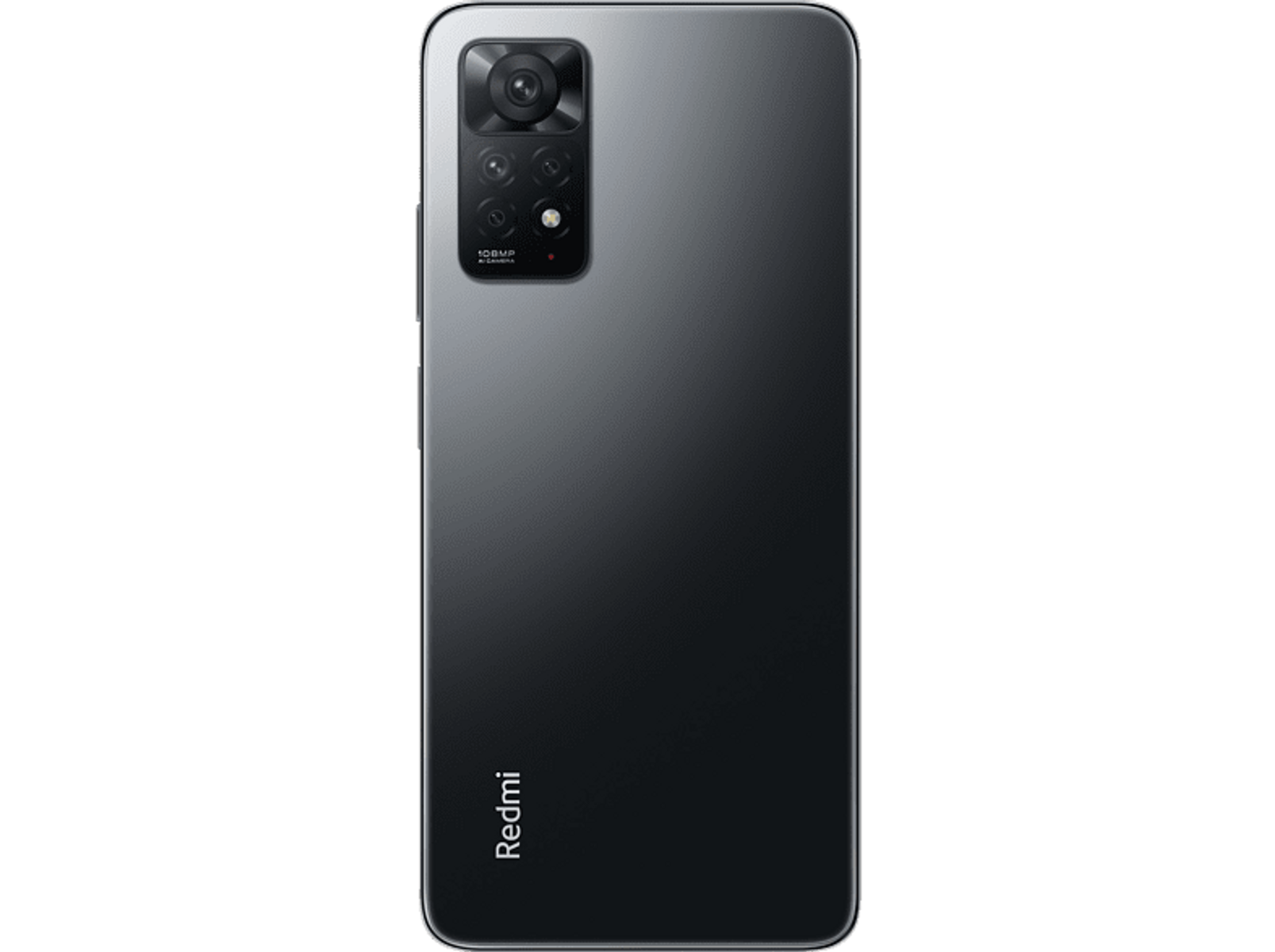 Die Rückseite eines dunkelgrauen Smartphones mit mehreren Kameras und dem Redmi-Logo.