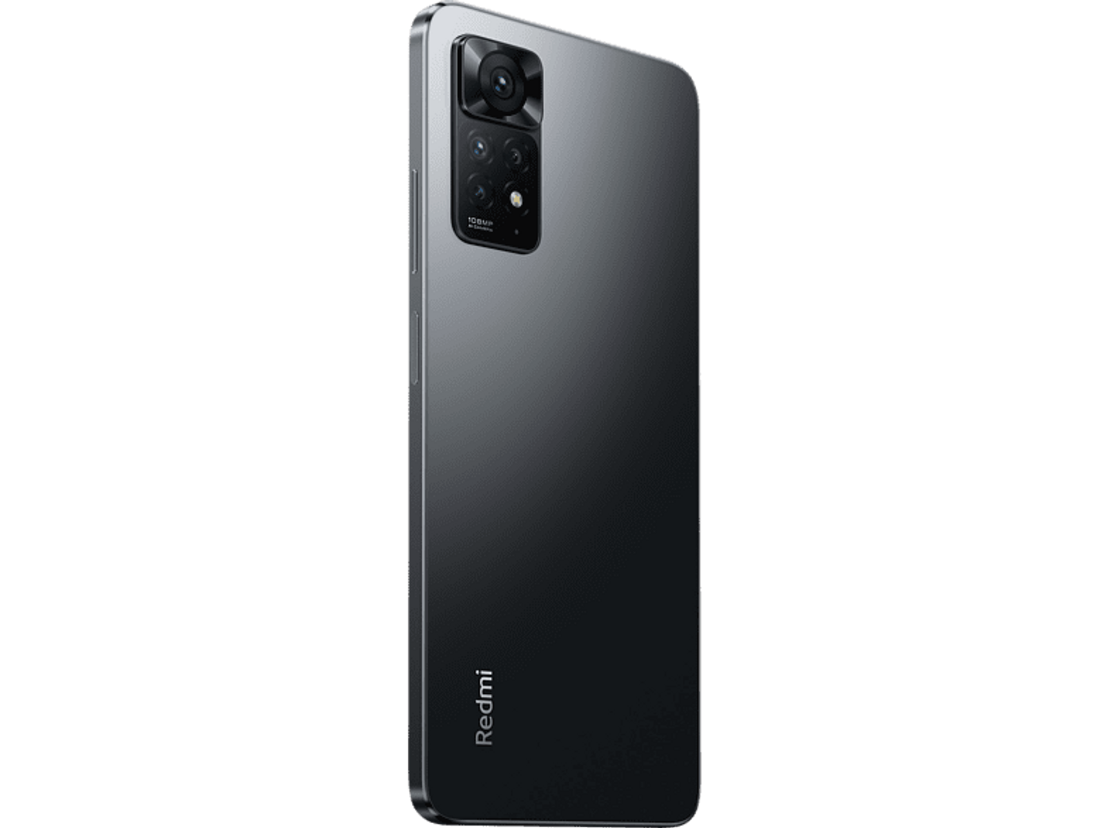 Schwarzes Smartphone mit mehreren Rückkameras, Redmi-Logo und schwarzem Hintergrund.