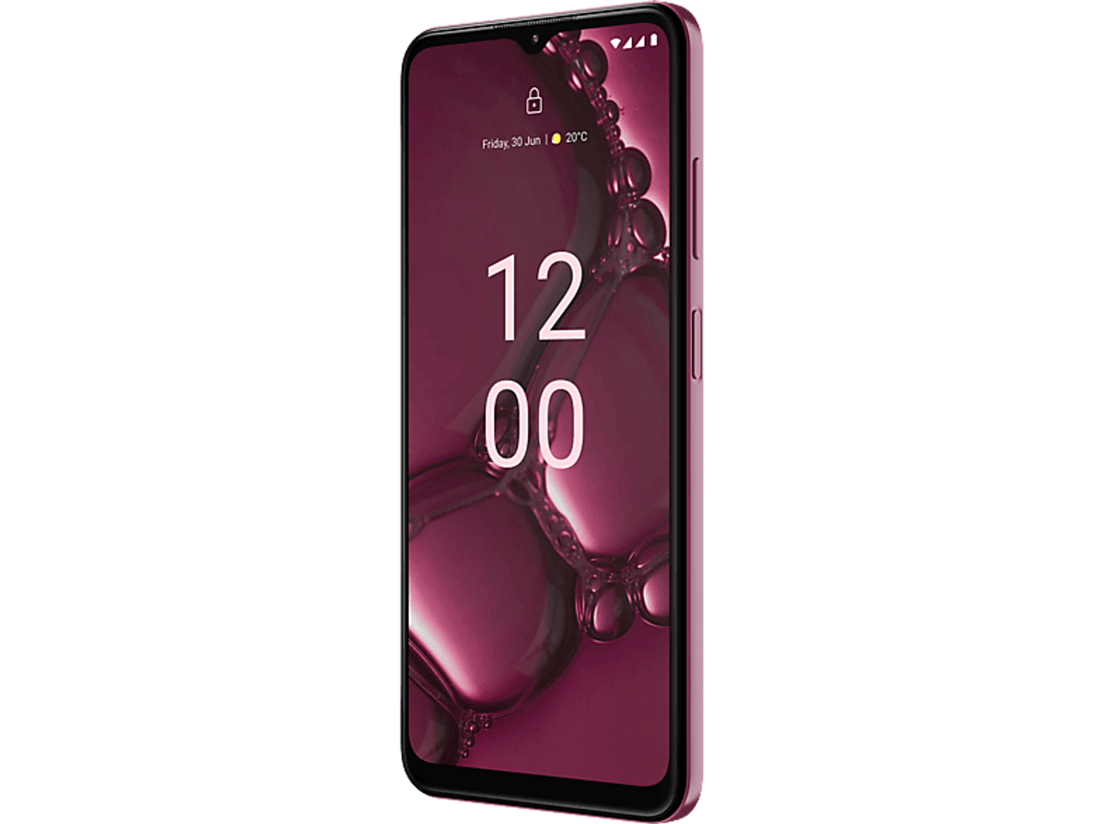 Rosa Nokia Smartphone mit der Uhrzeit 12:00 Uhr auf dem Bildschirm, schwarzer Hintergrund.