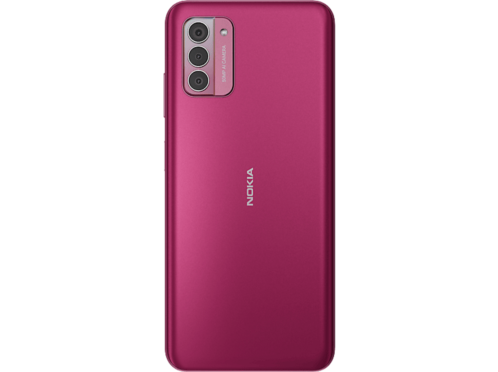 Ein magenta Nokia-Telefon mit drei Kameralinsen. 'Nokia' ist vertikal aufgedruckt. Schwarzer Hintergrund.
