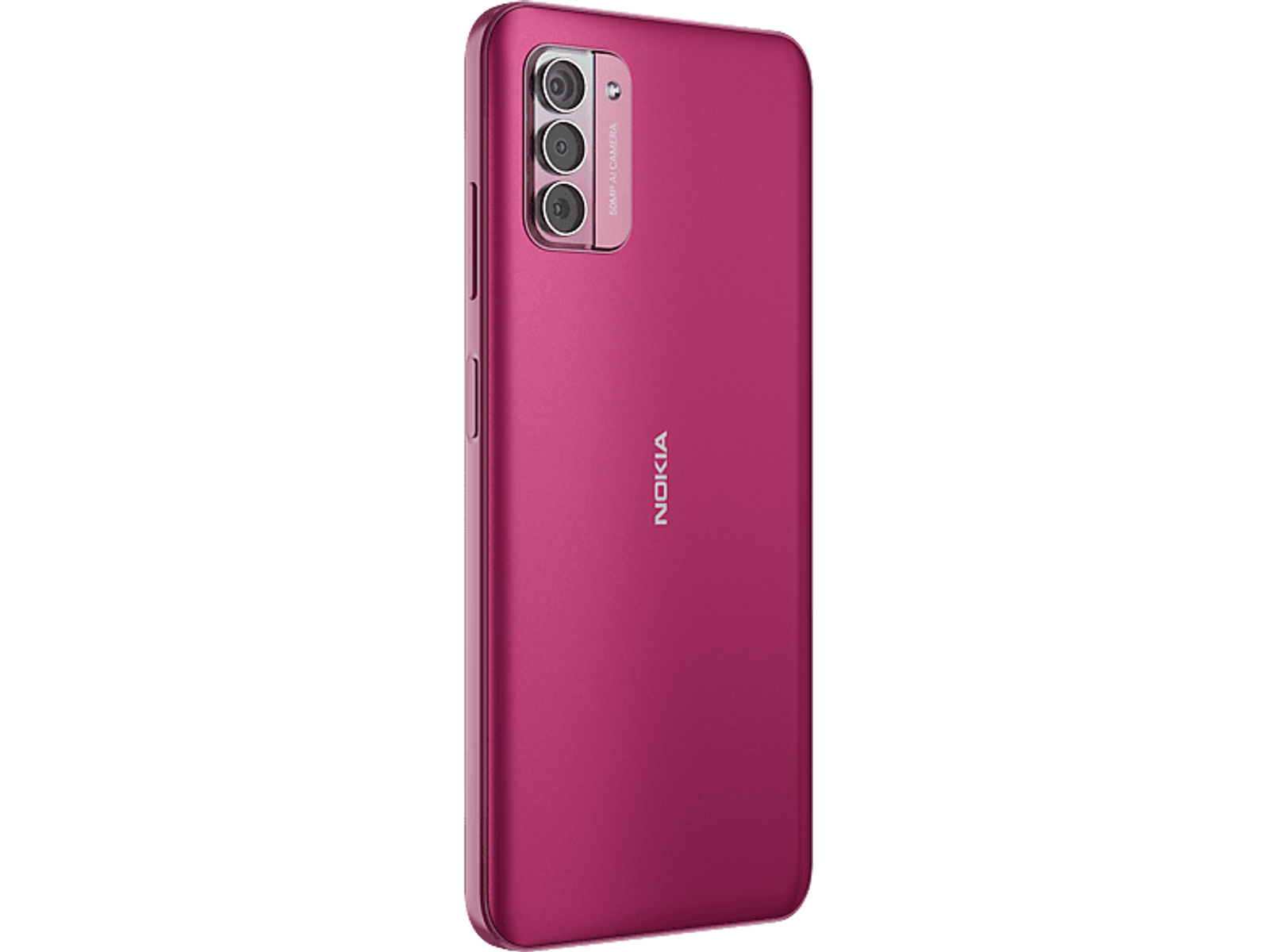 Ein magenta Smartphone mit einem Dreifach-Kamera-Setup. Das Telefon ist abgewinkelt und zeigt seine Rückseite.