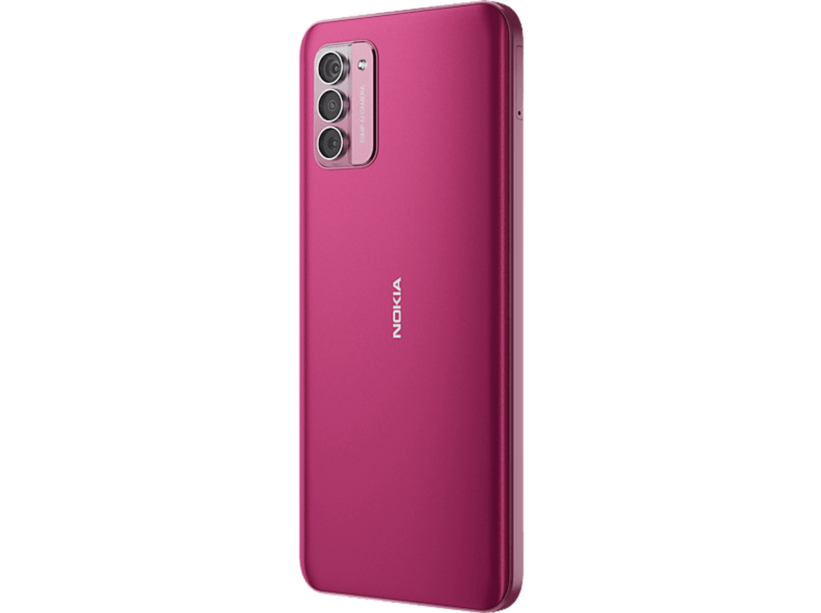 Ein magenta Smartphone, mit Dreifachkamera und Nokia-Markenlogo.