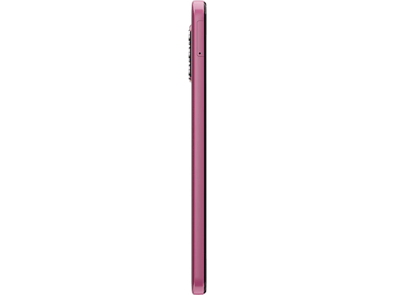 Ein pinkfarbenes Smartphone von der Seite gesehen, vor schwarzem Hintergrund.